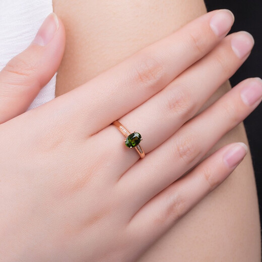 Yicai Jewelry Natural Green Tourmaline Gemstone Ring 18K Gold Diamond Ring Female Birthday Gift for Girlfriend and Lover 0.8 Carat Green Tourmaline Ring 18-23