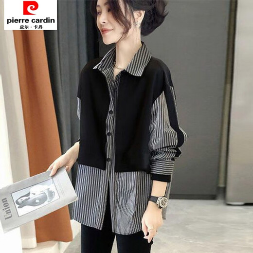 Pierre Cardin 2025 early spring new Hong Kong style fake two-piece spliced striped long-sleeved shirt for women loose and versatile polo collar top picture color XL115-125Jin Jin equals 0.5 kg