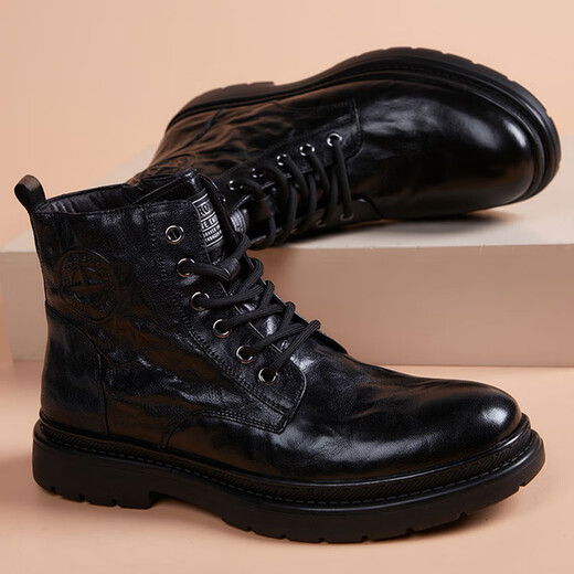 COOKOOS brand Martin boots men's top layer cowhide genuine leather British style Zhongbang work boots casual versatile leather boots men's black 38 (240mm)