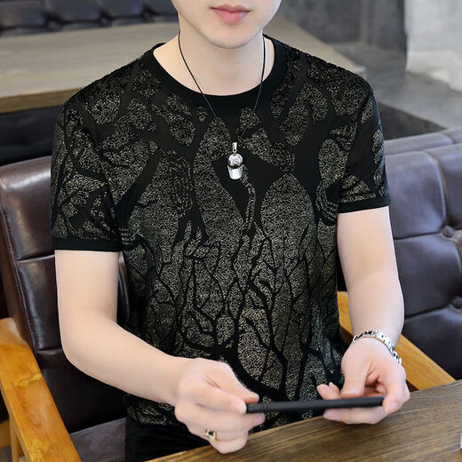ZHIDOUDOU flocking European goods men's ice silk hollow short-sleeved T-shirt men's 2023 summer top trendy clothes men 3893 blue M -120Jin [Jin equals 0.5 kg]