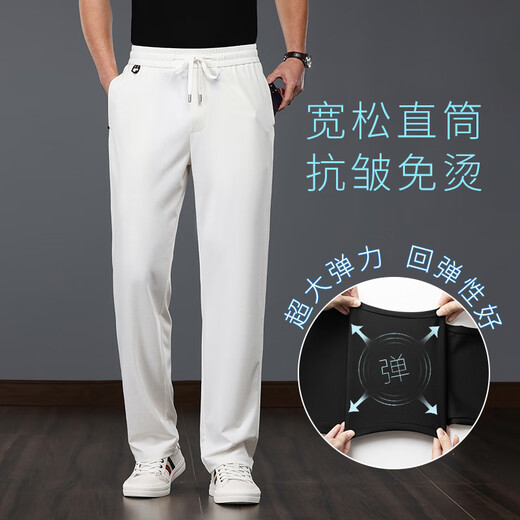 罗蒙（ROMON）桑蚕丝男士休闲裤夏季薄款宽松直筒冰丝裤子男中年爸爸运动长裤子 深蓝 XL