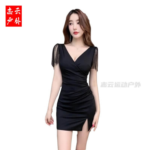 吉兴久夜场工作服女夜总会连衣裙女深V礼服足疗足浴技师工作服性感包臀 3897黑色 L 建议105-115斤