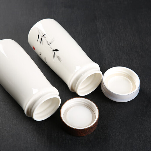 VEECHAN陶瓷内胆保温杯双层纯陶瓷杯家用泡茶杯公司商务礼品定制logo水杯 蜻蜓点水（木纹盖）
