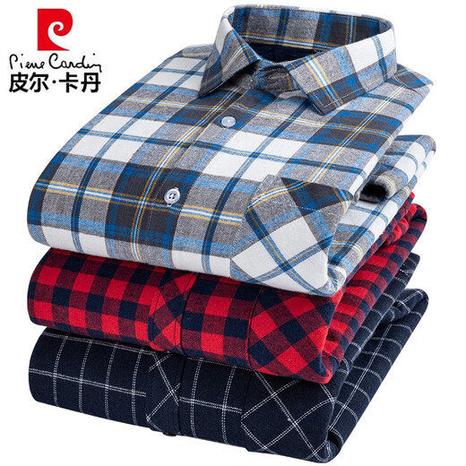 Pierre Cardin Herbst und Winter Baumwolle warmes Hemd Herren reines Baumwoll im mittleren Alter und Samt verdickte warme Samt-Plaid-Hemd BN841 Baumwoll integrierte Samt 44 [Geeignet für 170-185 Gewichte]