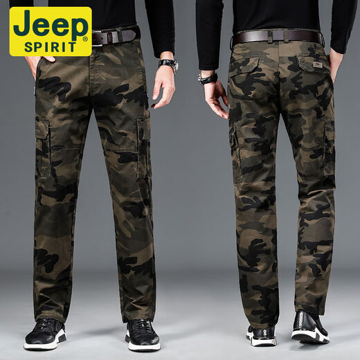 JEEP SPIRIT高端男士休闲裤迷彩工装裤潮牌厚款弹力宽松松紧腰子多口袋 军绿色【J9926秋厚 款】 M 【115-128斤】