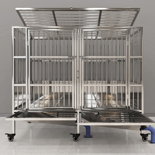 HKML stainless steel dog cage, large dog cage, medium-sized dog cage with separate toilet flushing funnel tray, small dog kennel, mother-in-law cage-double funnel-length 200*width 105*height 135 stainless steel 202 hollow round tube cage+skylight+funnel tray-send dog bowl