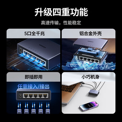 Greenlink 5-port Gigabit switch, aluminum shell heat dissipation, five-port network cable splitter, one-to-two/four-port monitoring network switch, suitable for business dormitories HUB 5-port Gigabit - upgraded aluminum shell, stronger heat dissipation - plug and play JD Logistics