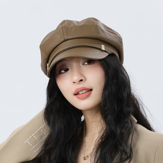 Jimmy leaf leather U octagonal hat for women in autumn and winter new style light luxury beret retro British painter hat black one size M (56-58cm)