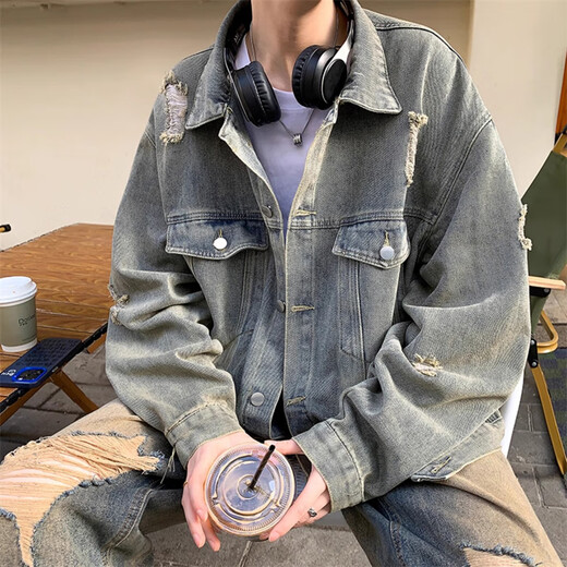 Yiran Zhengpin jacket men's autumn and winter casual retro ripped high street trendy brand handsome loose versatile warm denim jacket for men blue regular XL recommended 115-140Jin Jin equals 0.5 kg