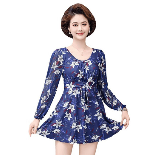 佑游泳衣女2025新款保守遮肚妈妈泳装中老年显瘦大码分体泡温泉游泳衣 14099Y黑色 2XL