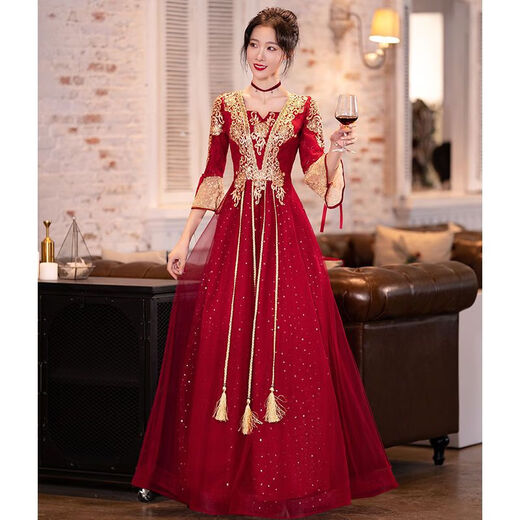 MIFICY Xiuhe Wear Bride 2023 New Summer Toast Wear 2023 Summer Burgundy High-end Chinese Long Sleeve Burgundy Long [684] M