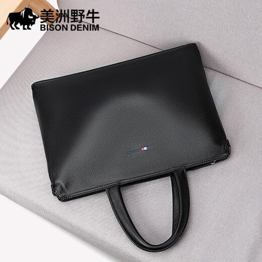 American bison men's briefcase genuine leather business bag men's laptop bag first layer cowhide bag N2792-3B broken pattern black