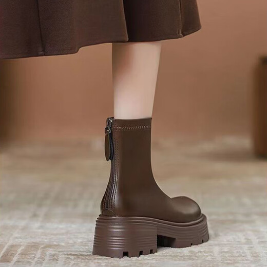 Tiaode Gao Martin Boots for Women Spring and Autumn Fashion Round Toe High Top Women's Boots Casual Sports Zipper Soft Heeled Single Shoes Short Boots Dark Brown Plus Fleece 6.5cm 37