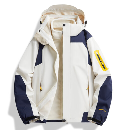 NASA RHUDE Autumn and Winter Jacket Men's Outdoor Sports Jacket Three-in-one Jacket Plus Velvet Autumn Hooded Trendy Clothes Men-Snowflake White (Three-in-One Plus Velvet Liner) 2XL (Male 140-160 Jin Jin equals 0.5 kg Female 125-135 Jin Jin equals 0.5 kg)