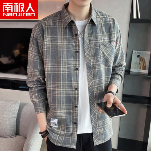 Antarctic plaid shirt men's spring and autumn coat casual long-sleeved shirt outer wear 2108 gray 2XL