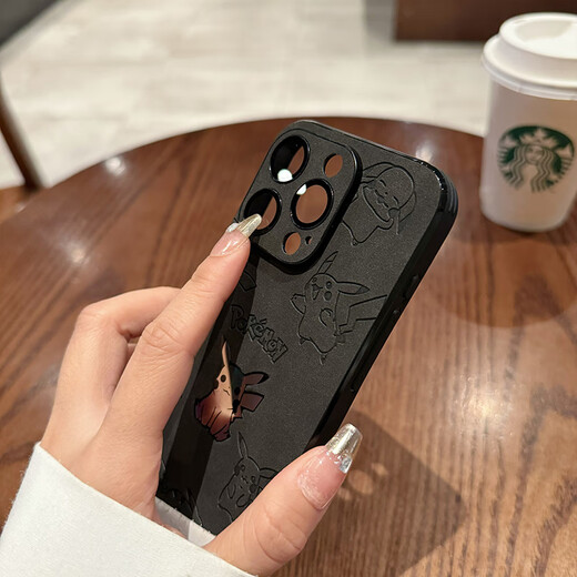 Color painter suitable for Apple 16 Promax mobile phone case cartoon laser Pikachu iphone16plus full-inclusive anti-fall self-protection cover with lens film protective cover fur pattern men and women Internet celebrity Apple 16Pro [Black Pikachu # with lens film]