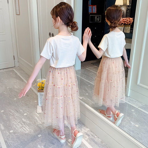 Tweet haha ​​children's clothing girls suit children's summer two-piece skirt short-sleeved skirt student little girl medium and large children's skirt pink summer skirt 160 size recommended height around 150cm