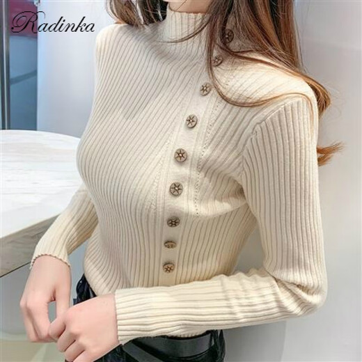 Radinka 2024秋冬新款加厚毛衣女套头半高领打底衫韩版纽扣修身针织衫 杏色 L【建议105-115 斤】
