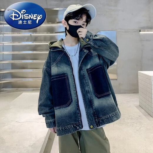 Disney (Disney) children's clothing, boys' autumn jackets, spring and autumn new models, medium and large children's boys handsome denim autumn hooded trend, retro color 130
