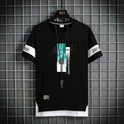 Gxmy Ice Silk Kurzarm-T-Shirt Herren Rundhals bedruckte Sommerkleidung Herrenmodemarke Ins Youth Bottoming T-Shirt 866 Schwarzes Quadrat L 110-120Jin Jin entspricht 0,5 kg