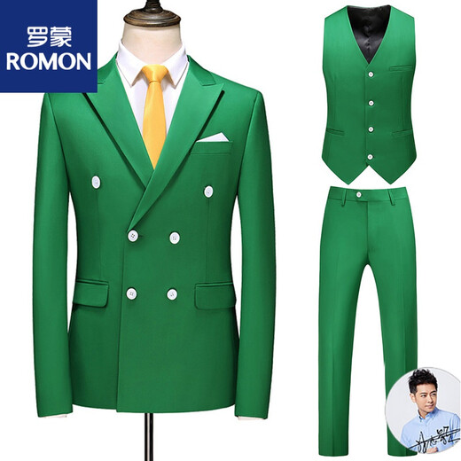 ROMON2022 men's large size suit three-piece double-breasted solid color suit business formal sapphire blue L