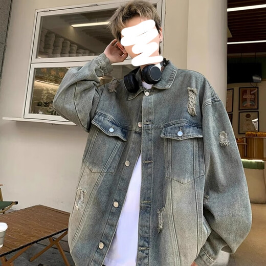 Yiran Zhengpin jacket men's autumn and winter casual retro ripped high street trendy brand handsome loose versatile warm denim jacket for men blue regular XL recommended 115-140Jin Jin equals 0.5 kg