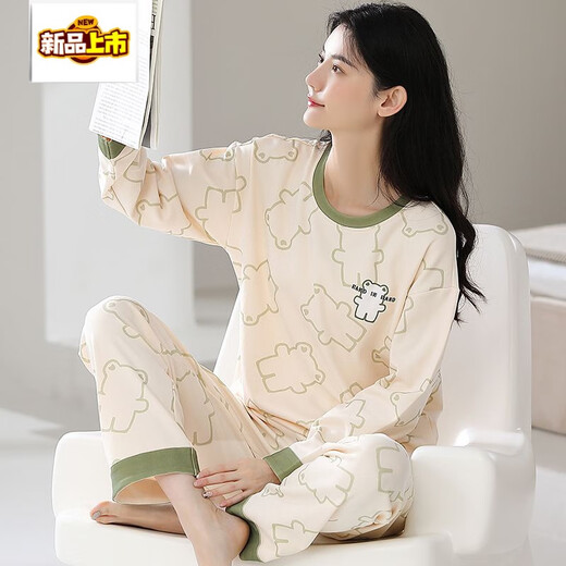MIDNITE STAR pure cotton pajamas for women spring and autumn long sleeves internet celebrity round neck autumn sweet home clothes cotton set YSH-long sleeves set #1289 M double-sided pure cotton/suggested 80-100Jin [Jin equals 0.5 kg]