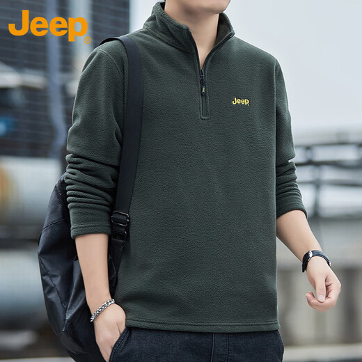 JEEP Jeep sweatshirt men's autumn and winter loose long-sleeved T-shirt polar fleece thickened casual clothes men's military green 2XL