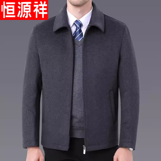 Hengyuanxiang autumn and winter middle-aged and elderly men's cashmere jacket short woolen woolen coat lapel dad's outfit plus fat oversized coat black medium thick XL
