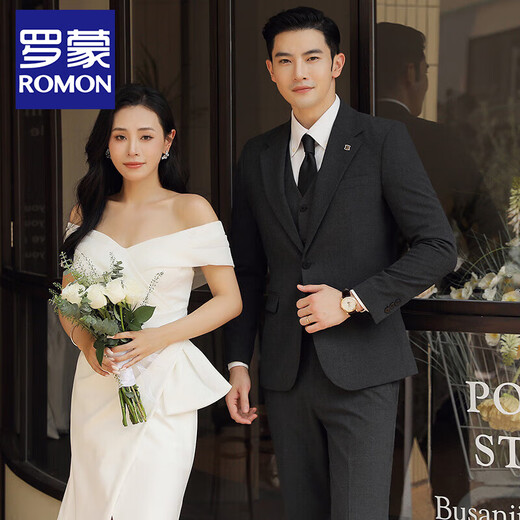ROMON groom wedding suit men's suit dress British suit three-piece suit Korean version slim business casual professional formal suit TZ850 dark gray one-button suit + trousers + vest XL recommended 125-135 Jin Jin equals 0.5 kg