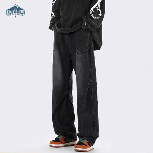 Dingfengbaoluo American high street jeans men's autumn niche casual retro loose straight wide-leg pants 9328 black 5XL