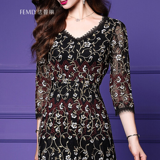 FEMLY new heavy industry embroidery dress noble banquet reception host celebrity aura queen black evening dress long L9971 black gold M