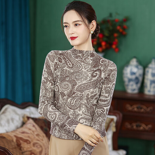 Simple silk five-qi half-high neck Chinese style full of printed cashmere sweater thin worsted elegant knitted top SY3881 Tibetan Qinghai Tibetan Qing XL
