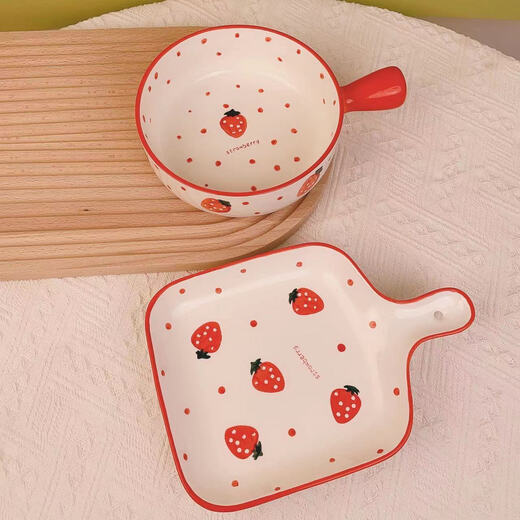 Nordic style tableware ceramic plate oven microwave red handle bowl hand-painted strawberry handle bowl salad bowl set red strawberry-handle bowl single bowl Nordic style tableware ceramic plate oven microwave red handle bowl hand-painted strawberry handle bowl salad bowl set red strawberry-handle bowl single bowl