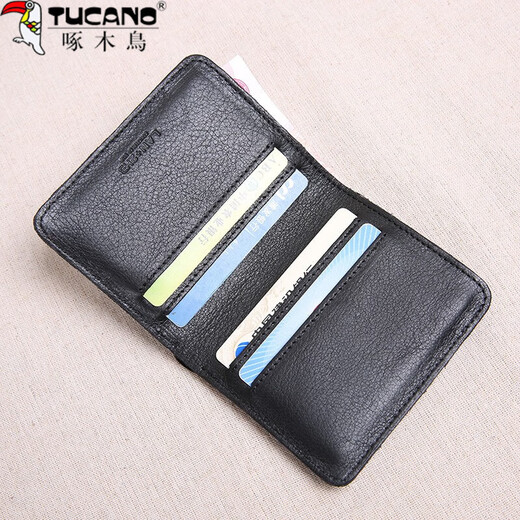 啄木鸟（TUCANO）钱包男短款真皮头层牛皮超薄迷你小钱包男士竖款学生手工皮 黑色