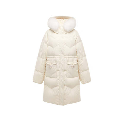 PeaceBird Women's Fox Fur Collar Mid-Longgent Down Down Down para mujer Botón de pan de cuerno cálido suave con capucha de mujer Beige M