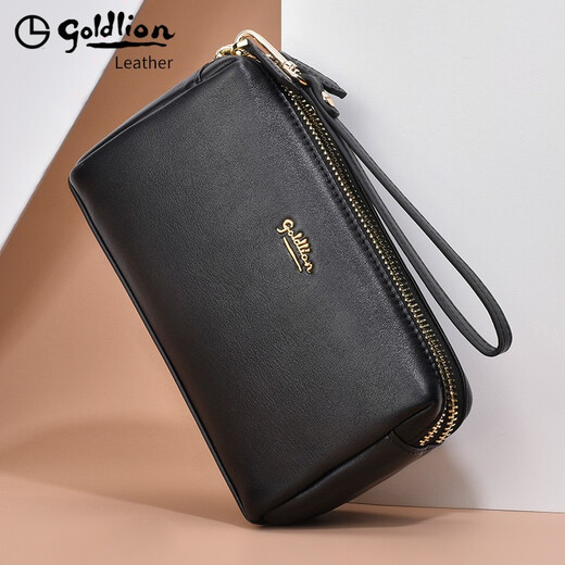 Goldlion clutch bag for women double zipper genuine leather light luxury women's bag large capacity 2025 new clutch bag first layer cowhide gift box temperament style FA512016-111