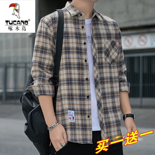
Woodpecker (TUCANO) plaid shirt men's spring and autumn casual long-sleeved shirt Korean top retro loose thin jacket trend K12111 m blue + K12111 blue yellow L 110125Jin[Jin equals 0.5 kg]