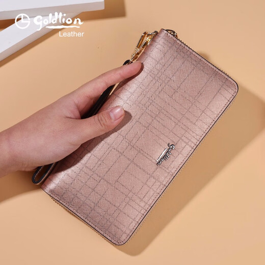 Goldlion women's long wallet, fashionable zipper handbag, real cowhide handbag, simple birthday gift for girlfriend, wife, officially authorized, get 10% off if you get a fake one, gold pink