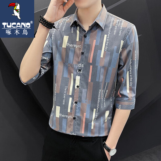 Woodpecker short-sleeved shirt men's summer new three-quarter sleeve shirt Korean style trendy mid-sleeve ice silk striped shirt top DC677 white quality ice silk style L 105-115Jin Jin equals 0.5 kg