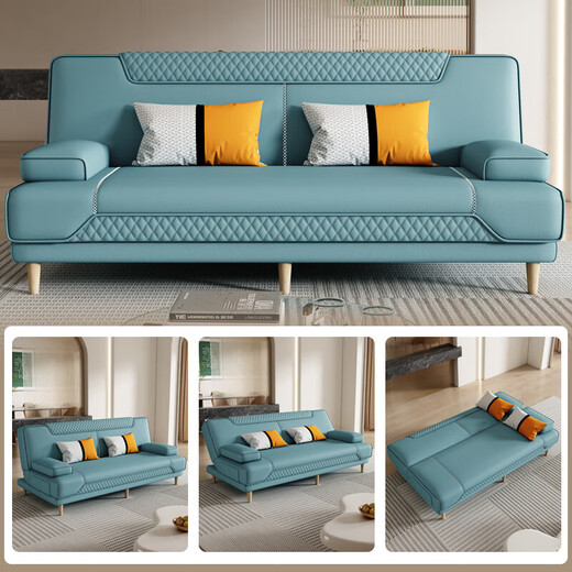 Huiyue (no) multi-functional sofa bed for sitting and sleeping, foldable single bed, double bed, simple sofa for living room, small apartment, cat scratch leather, light blue, colorful sponge style, 1.8 meters long