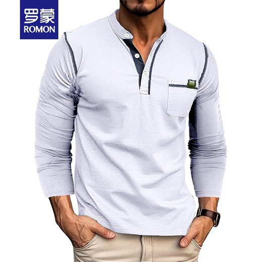 ROMON (ROMON) European and American men's long-sleeved T-shirt in spring and autumn new polo shirt Henry neck simple slim business sports polo shirt black L