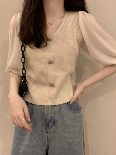 熊司令2025夏新款冰丝雪纺拼接V领短袖针织衫淑女薄款打底衫短款上衣MCL 3523黑色 均码 (70-125斤可穿)