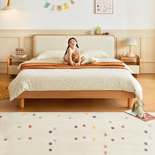Jingjing Tokyo Made Home Cheese Solid Wood Children's Bed Set Modern Bedroom Soft Covered Bedside Small Apartment Bed + Mattress 1.5M