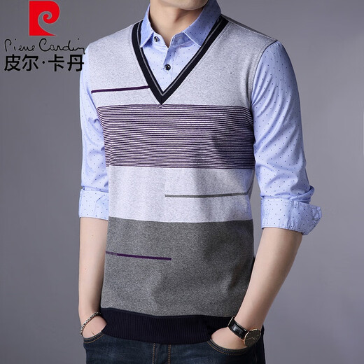 皮尔卡丹（pierre cardin）春秋季中年男t恤薄款衬衫领长袖休闲假两件套男装小衫春季上衣服 3879蓝色 L 170/50(120-140斤)