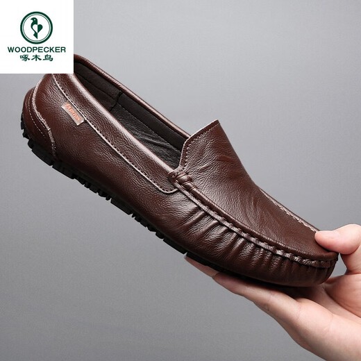 
Woodpecker Beanie Shoes Men's Summer Soft-Skin Hollow Breathable British Style Business Casual Ice Leather Shoes Soft-Soled Driving Lazy Shoes 9901 (Breathable) Brown 39 [Standard Leather Shoe Size]
