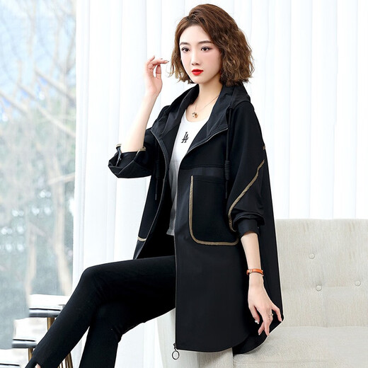 
LEDIALYI (LEDIALYI) 2025 spring and autumn women's new casual high-end and fashionable middle-aged small windbreaker jacket for women's mid-length coat black S (recommended within 128 Jin [Jin equals 0.5 kg])