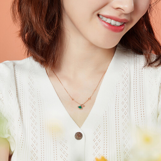 Lukfook Jewelry 18K gold apricot malachite fan pendant rose gold necklace women's set chain L35TBKN0002R total weight 1.98 grams