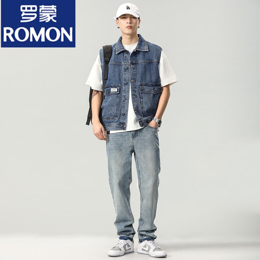 
ROMON 2024 denim vest men's sleeveless vest jacket men's spring and autumn trendy loose versatile work jacket 9215 blue + 9216 black 4XL