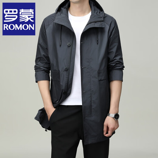 ROMON men's windbreaker jacket men's mid-length spring and autumn new trendy cloak coat casual hooded jacket men's black 170